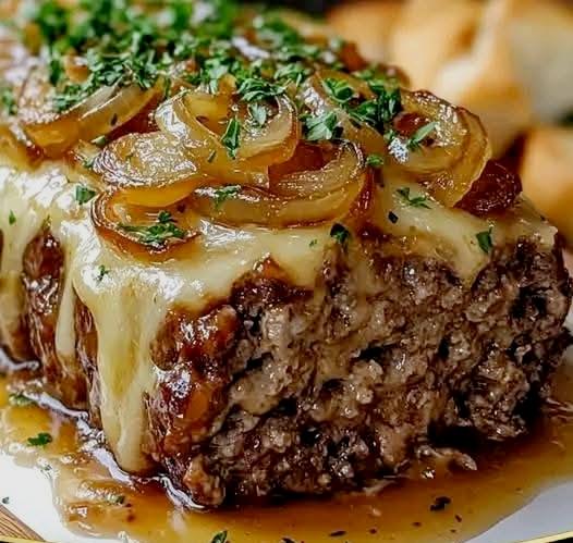 Crockpot French Onion Meatloaf with Melted Swiss Cheese
