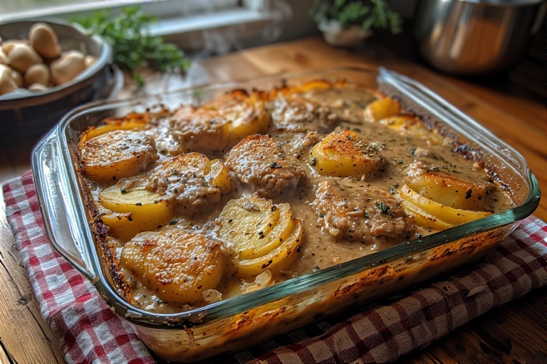 Baked Pork Chop Supreme in casserole dish with golden pork chops, creamy mushroom sauce, and sliced potatoes.