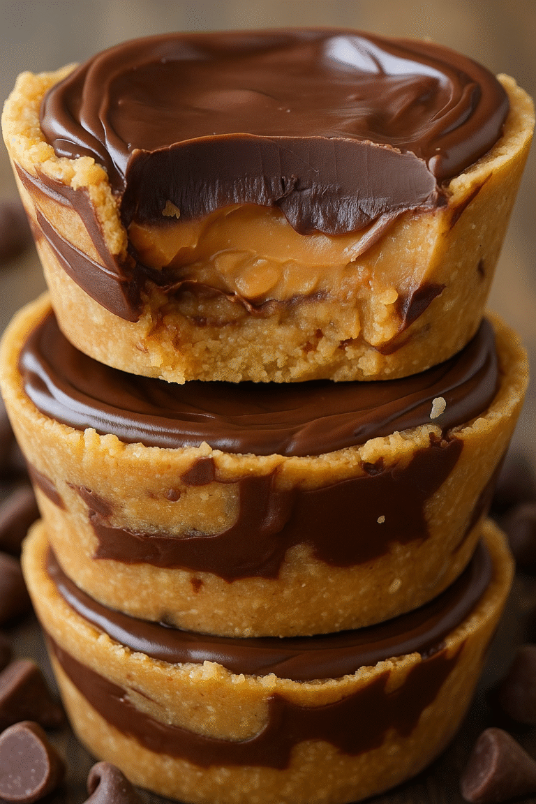 Stack of gourmet chocolate peanut butter cups with sea salt garnish