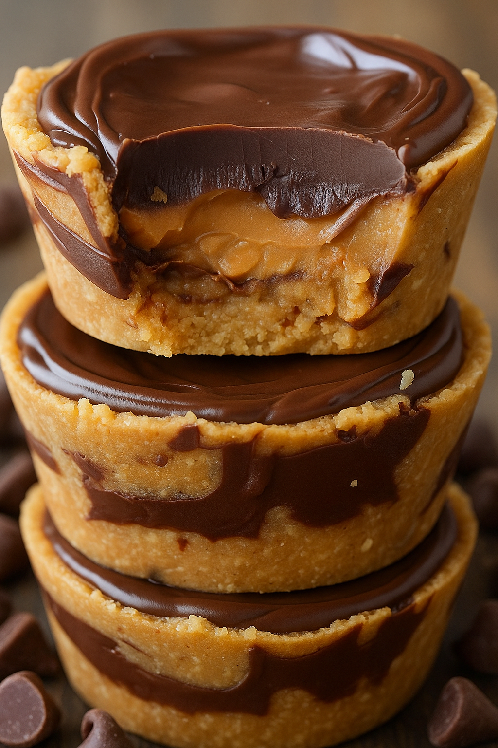 Stack of gourmet chocolate peanut butter cups with sea salt garnish